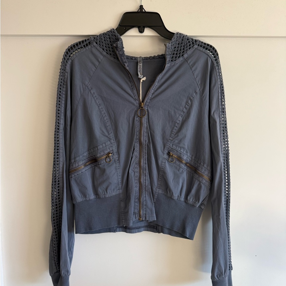 XCVI Blue Bomber Jacket with Crochet Detail